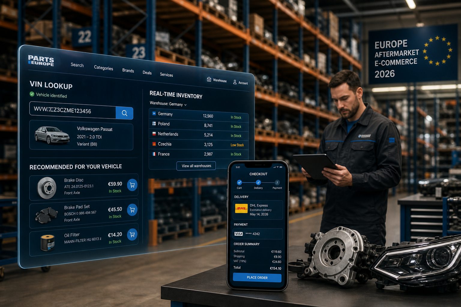 Parts Europe e-commerce platform showing VIN lookup, real-time inventory across European warehouses, and mobile checkout for auto parts ordering