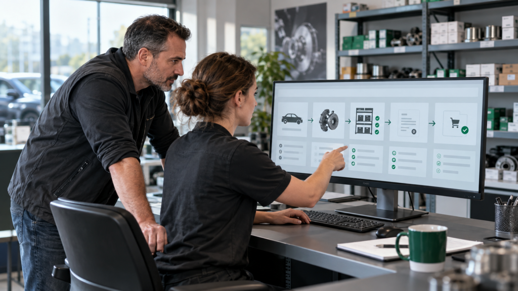 Automotive parts professionals reviewing a connected fitment, stock and order workflow