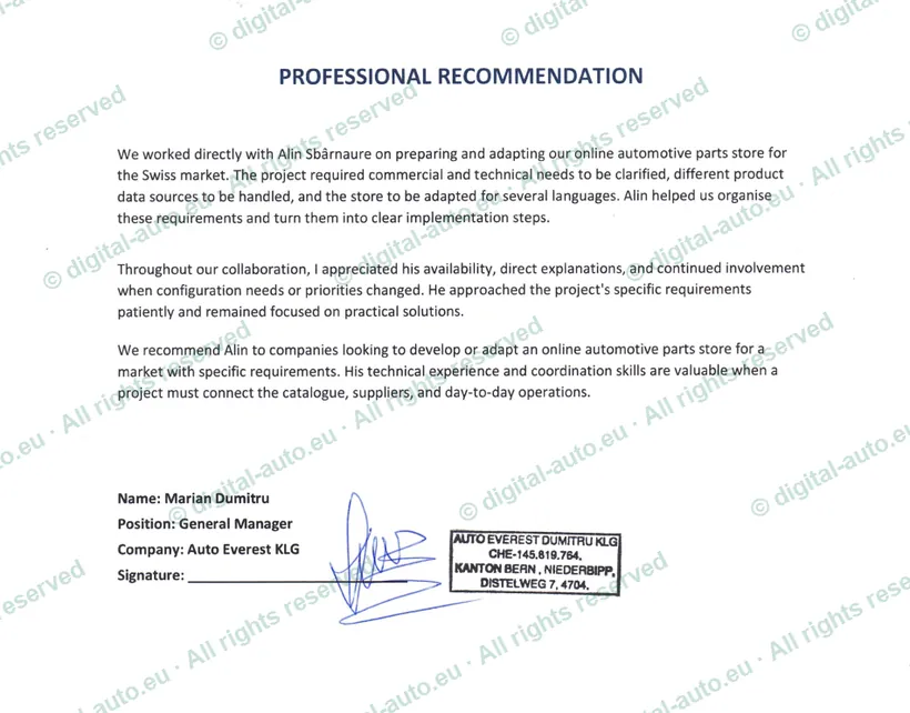 Professional recommendation signed by Marian Dumitru, General Manager, Auto Everest KLG