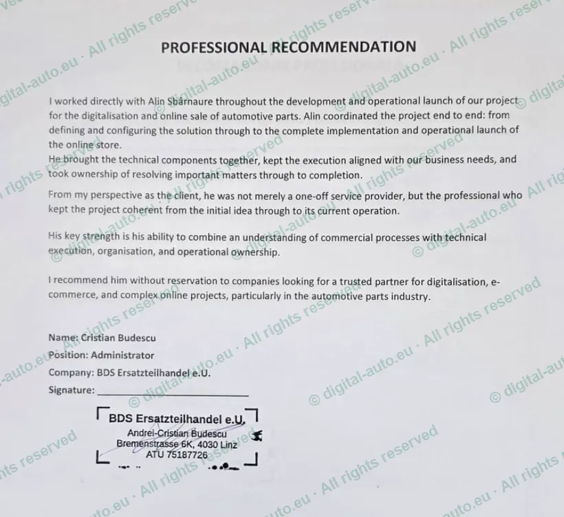 Professional recommendation signed by Cristian Budescu, Administrator, BDS Ersatzteilhandel e.U.
